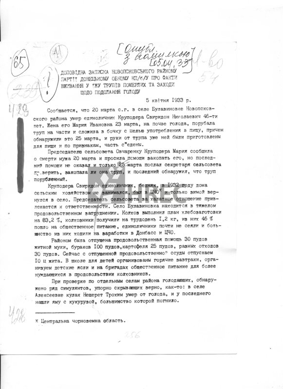 Доповідна записка Ново-Псковського райокому партії Донецькому обкому КП(б)У про факти вживання у їжу трупів померлих та заходи щодо подолання голоду