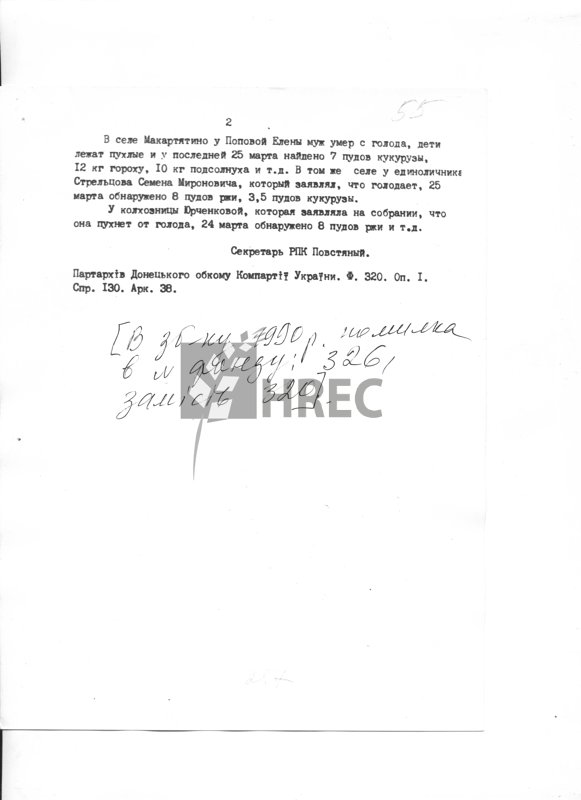 Доповідна записка Ново-Псковського райокому партії Донецькому обкому КП(б)У про факти вживання у їжу трупів померлих та заходи щодо подолання голоду