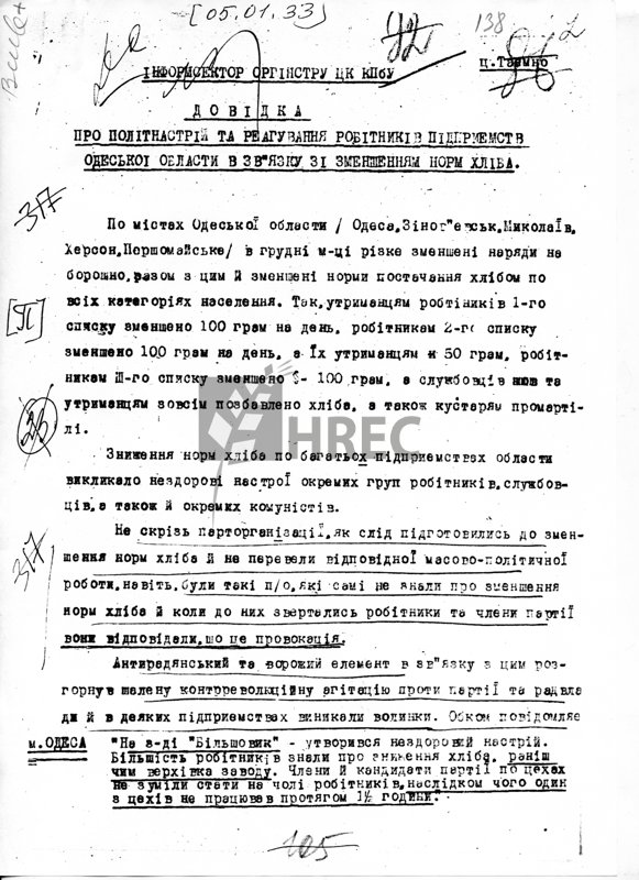 Довідка про політнастрій та реагування робітників підприємств Одеської області в зв’язку зі зменшенням норма хліба